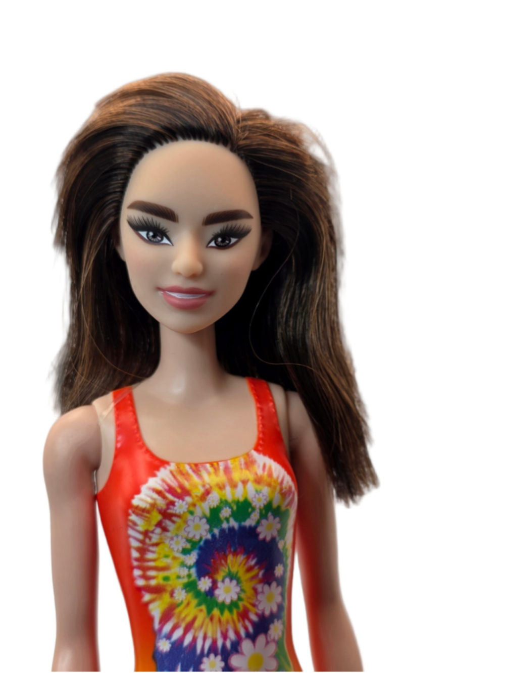 Barbie Beach Doll Brown Hair Orange Tie-Dye Swimsuit Mattel